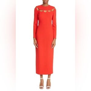 LELA ROSE Scallop Cutout Long Sleeve Wool Blend Sheath Dress Red Sz 12 Org $1890